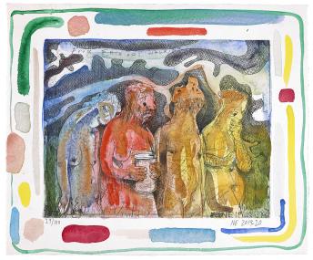 Die Radierung "The Münsterians" von Nicole Eisenman ist Kunstwerk des Monats Juni.<br>Foto: LWL/Hanna Neander.<br>Erworben mit der Unterstützung der Freunde des LWL-Museums für Kunst und Kultur
