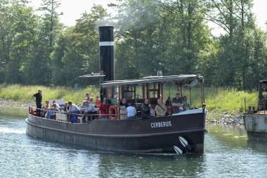 Wird zu Sonderveranstaltungen noch eingesetzt: der Dampfer Cerberus im Schiffshebewerk Henrichenburg.<br>Foto: LWL