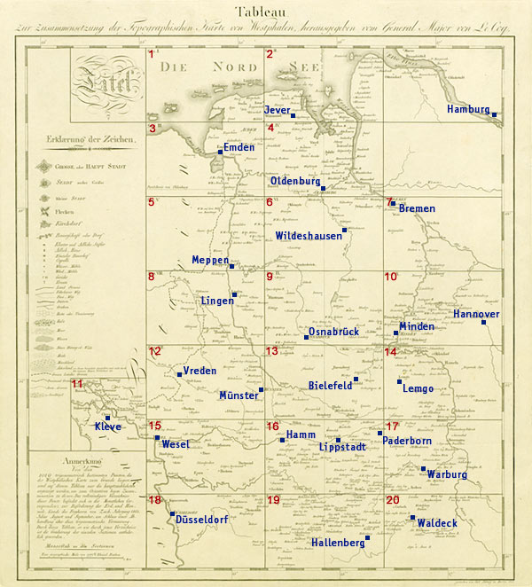 Le Coq: Übersichtskarte - Tableau zur Zusammensetzung der Topographischen Karte von Westphalen, herausgegeben von General Major von Le Coq