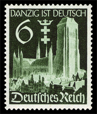 Briefmarkenausgabe des Deutschen Reichs, 'Danzig ist deutsch', 18.09.1939 / Quelle: Wikimedia Commons PD / Michel Junior-Katalog 1999. Deutsches Reich […], München 1997, S. 49, 52 (Nr. 714-729, 751).