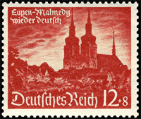 Briefmarkenausgabe des Deutschen Reichs 'Eupen-Malmedy wieder deutsch', Blick auf Eupen, 25.07.1940 / Quelle: Wikimedia Commons PD / Michel Junior-Katalog 1999, Deutsches Reich […], München 1997, S. 51 (Nr. 749)