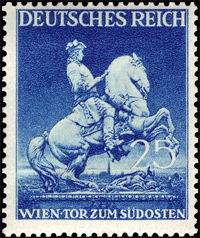 Briefmarkenausgabe des Deutschen Reichs, 'Wien, Tor zum Südosten' mit Denkmal des Prinzen Eugen, 08.03.1941 / Quelle: Wikimedia Commons PD