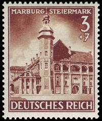 Briefmarkenserie des Deutschen Reichs 'Eingliederung von Steiermark, Kärnten und Krain', 29.09.1941 / Quelle: Wikimedia Commons PD / Michel Junior-Katalog 1999, Deutsches Reich […], München 1997, S. 55 (Nr. 806-809)