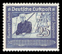 Luftpostbriefmarke des Deutschen Reichs 'Graf Zeppelin', 05.07.1938 / Quelle: Wikimedia Commons PD / Michel Junior-Katalog 1999, Deutsches Reich […], München 1997, S. 31, 33, 45 (Nr. 496-498, 539, 669f.)