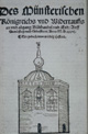 I. Das Thema und seine Bedeutung: Bericht der Hinrichtung der Wiedertäuferführer und Abbildung des Turms der St. Lambertikirche mit den drei Käfigen, "Des Münsterischen / Königreichs und Widertauffs / an und abgang, / Bluthandel und End", Münster 1536 / Münster, Westfälisches Landesmuseum für Kunst und Kulturgeschichte Münster / Münster, Westfälisches Landesmuseum für Kunst und Kulturgeschichte Münster