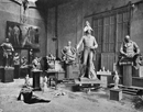 Gustav Eberlein (1847-1926), Atelier des Bildhauers mit den Gipsmodellen für das Denkmal König Friedrich Wilhelms III. (1770-1840, reg. ab 1797) und der beiden Assistenzfiguren - Stein (rechts) und Blücher (links vom König) auf der Berliner Siegesallee, vor 1901 / Adolf Rosenberg, Eberlein, Bielefeld [u. a.] 1903, S. 57