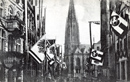 Münster, Prinzipalmarkt: Festbeflaggung auf dem Prinzipalmarkt anlässlich des Besuchs Kaiser Wilhelms II. in Münster 1907, im Hintergrund: die St. Lamberti-Kirche. Postkarte aus dem Verlag J. Stehr & R. Knuffmann, Krefeld / Münster, LWL-Medienzentrum für Westfalen