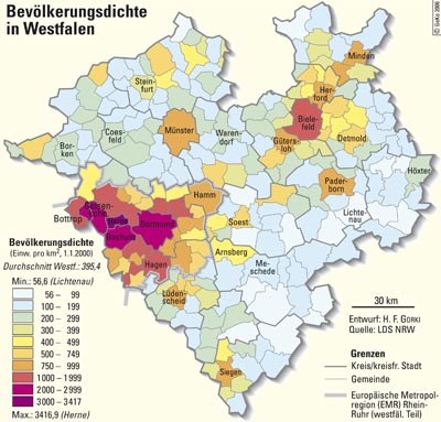 Bevölkerungsdichten in Städten und Gemeinden Westfalens (01.01.2000)