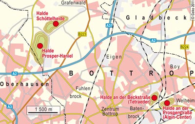 Die vier größeren Halden im Stadtgebiet von Bottrop