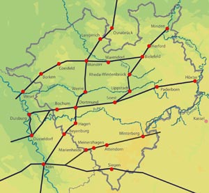 Karte der von der Altertumskommission erforschten Wege der Jakobspilger in Westfalen und der separat untersuchten Heidenstraße im Sauerland