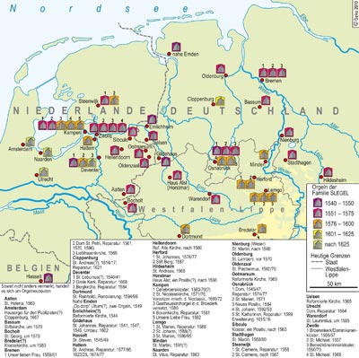 Geographische Verbreitung der Orgeln aus der Werkstatt Slegel 1540–1677