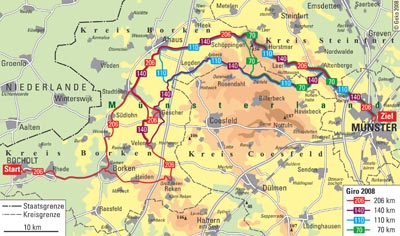 Verlauf der vier Rennstrecken des Sparkassen Münsterland Giro 2008