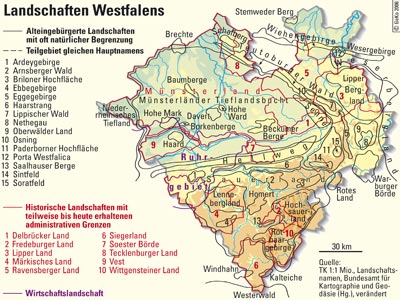 Wichtigste benannte Landschaften in Westfalen