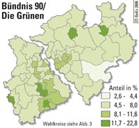 Bundestagswahl 2005, Stimmenanteile Bündnis 90/Die Grünen in Nordrhein-Westfalen
