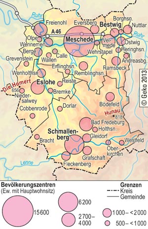Bevölkerungszentren der LEADER-Region ''4 mitten im Sauerland''