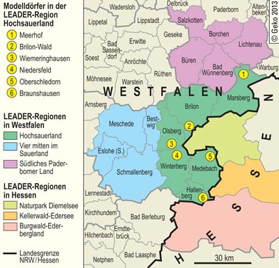 LEADER-Regionen im westfälisch-hessischen Grenzgebiet 2007 bis 2013 und Modelldörfer der Region Hochsauerland