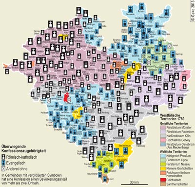 Überwiegende Konfessionszugehörigkeit der Bevölkerung in den westfälischen Städten und Gemeinden