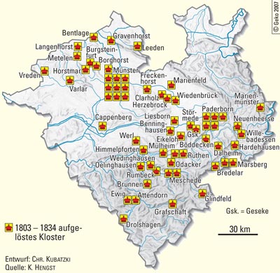 Die wichtigsten von 1803 bis 1834 aufgelösten Klöster und Stifte Westfalens