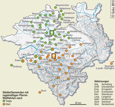 Städte/Gemeinden mit regelmäßigen Pfarrei-Wallfahrten nach Telgte und Werl