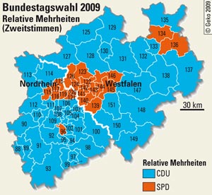 Bundestagswahl 2009 – Relative Mehrheiten in den Wahlkreisen NRW's