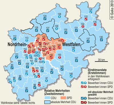 Bundestagswahl 2013 in NRW – Erst- und Zweitstimmenmehrheiten nach Wahlkreisen
