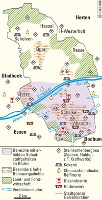 Siedlungsstruktur Gelsenkirchens und Verbreitung erhöhter Schadstoffgehalte im Boden