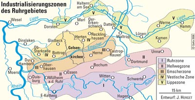 Lage von Gelsenkirchen in der Gliederung der Industrialisierungszonen des Ruhrgebietes