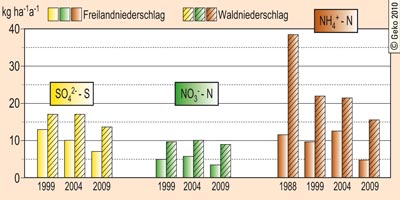 Langzeitige Depositionen von Sulfatschwefel, Nitratstickstoff und Ammoniumstickstoff im Freiland- und Waldniederschlag des nordwestlichen Teutoburger Waldes