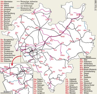 Das westfälische Eisenbahnnetz am 30. Juni 2009