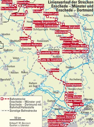 Linienverlauf der Strecken Enschede-Münster und Enschede-Dortmund