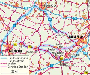 Straßenverbindungen von Münster nach Bielefeld und die B 64 mit geplanten Umgehungen