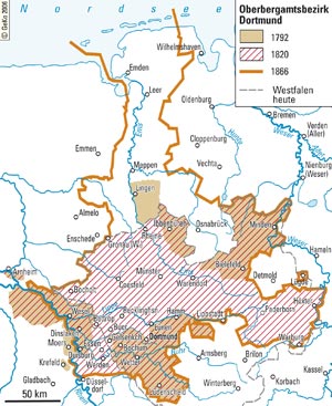 Übersichtskarte: Obergergamtsbereich Dortmund mit Begrenzung 1792, 1820, und 1866