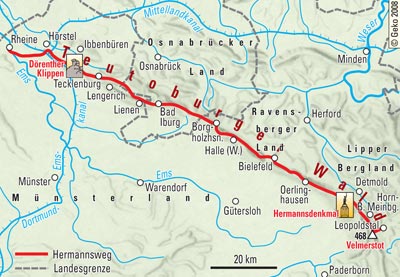 Verlauf des Hermannsweges von Rheine bis Leopoldstal
