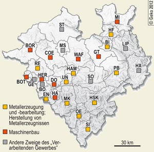 Wirtschaftszweige des Verarbeitenden Gewerbes mit den jeweils meisten sozialversicherungspflichtig Beschäftigten in den Kreisen/kreisfreien Städten