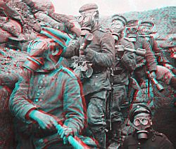 Soldaten mit Gasmasken im Schützengraben. 3D-Anaglyphe