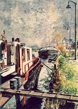 Das Aquarellbild zeigt zwei Kähne am Ufer des Kanals liegend.